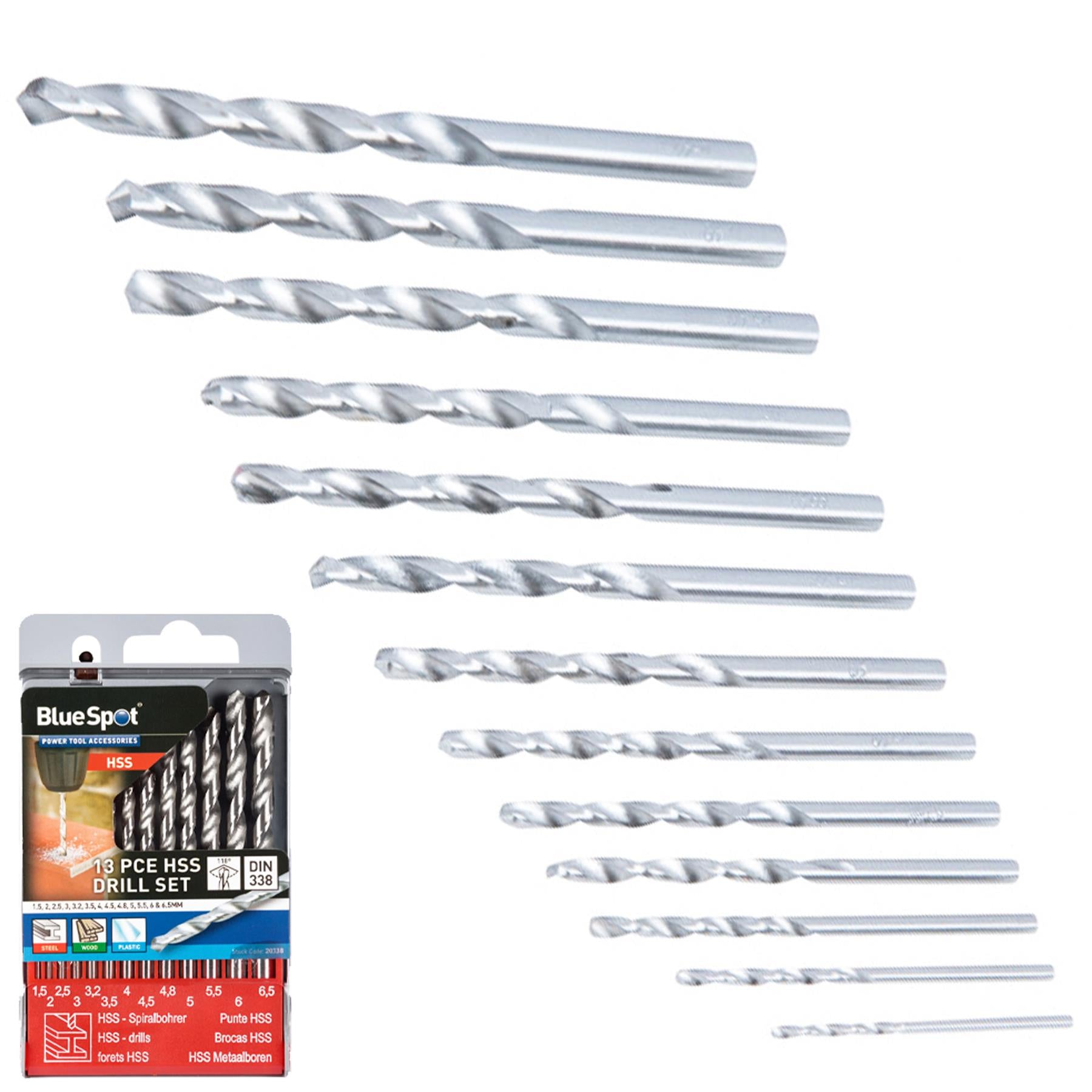 BlueSpot 13pce Hss Twist Drill Bits Set 1.5mm - 6.5mm High Speed Metal Wood