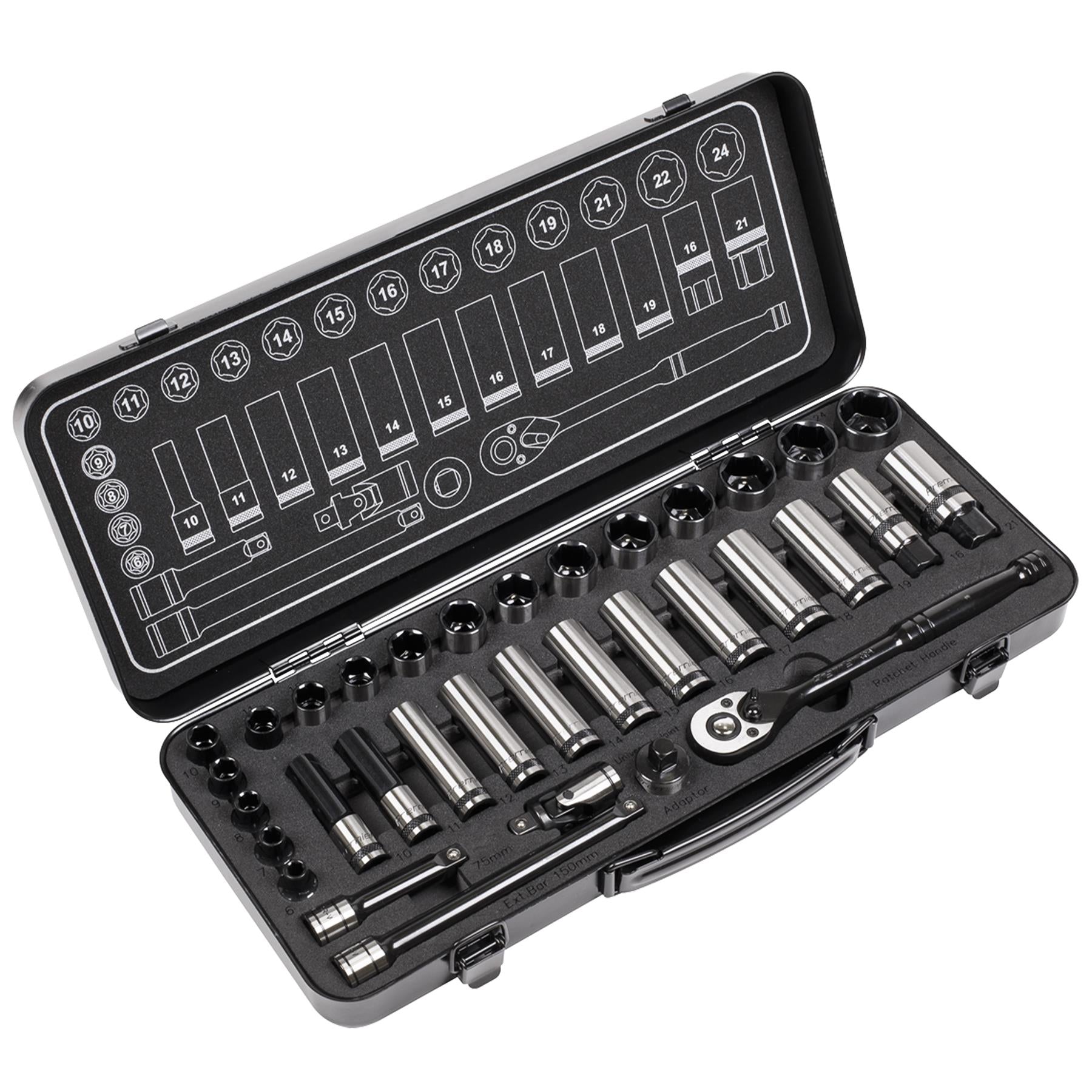 Sealey Socket Set 34pc 3/8"Sq Dr 6pt WallDrive Metric Black Series