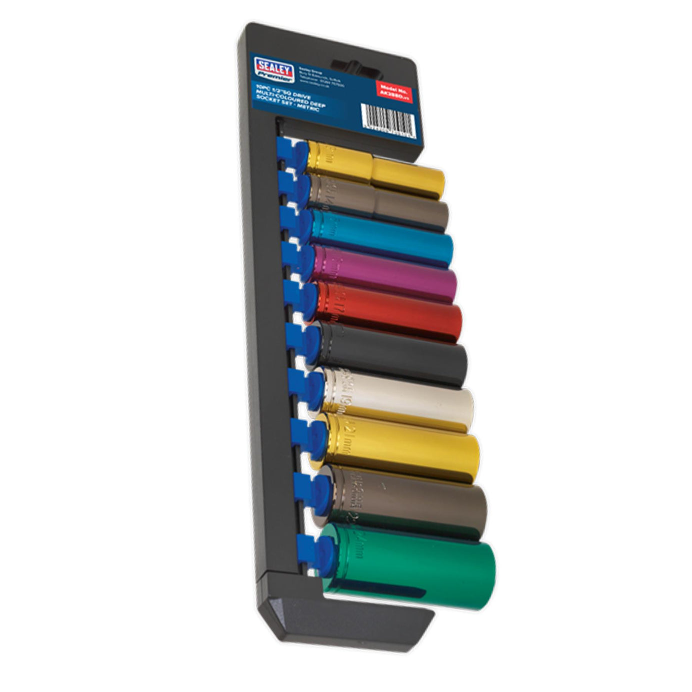Sealey 10pc Multi Coloured Deep Socket Set 13-24mm 6pt Set 1/2" Sq Drive Metric
