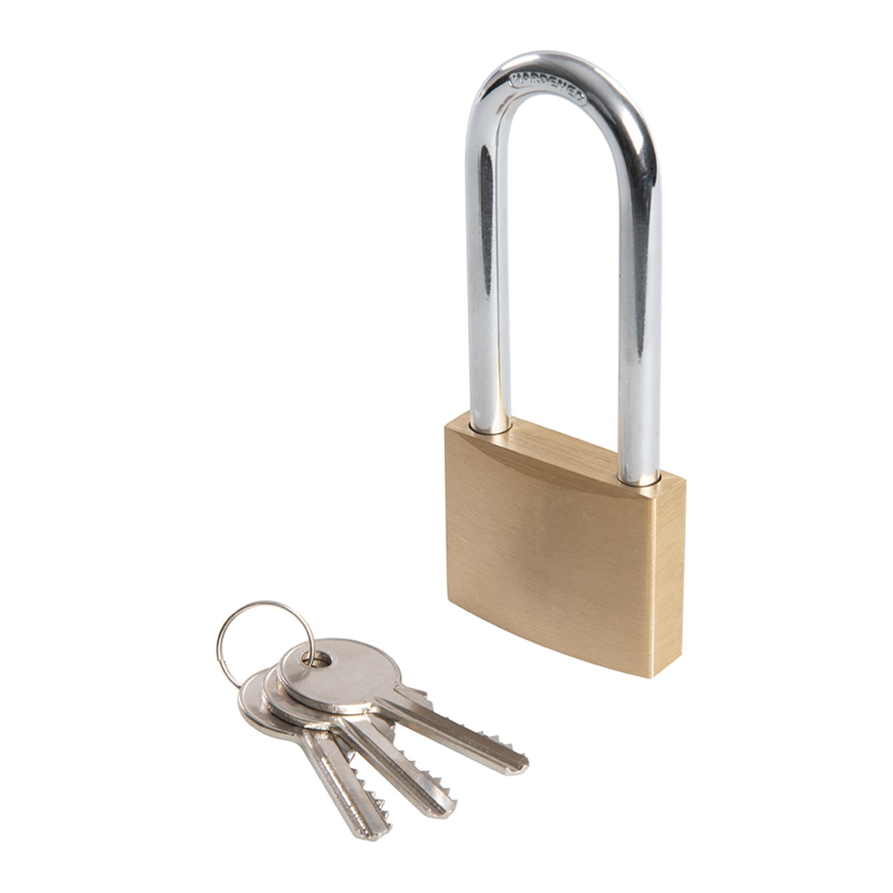 Brass Padlock Long Shackle 50mm Multi-Pin Tumbler Includes 3 Brass Keys