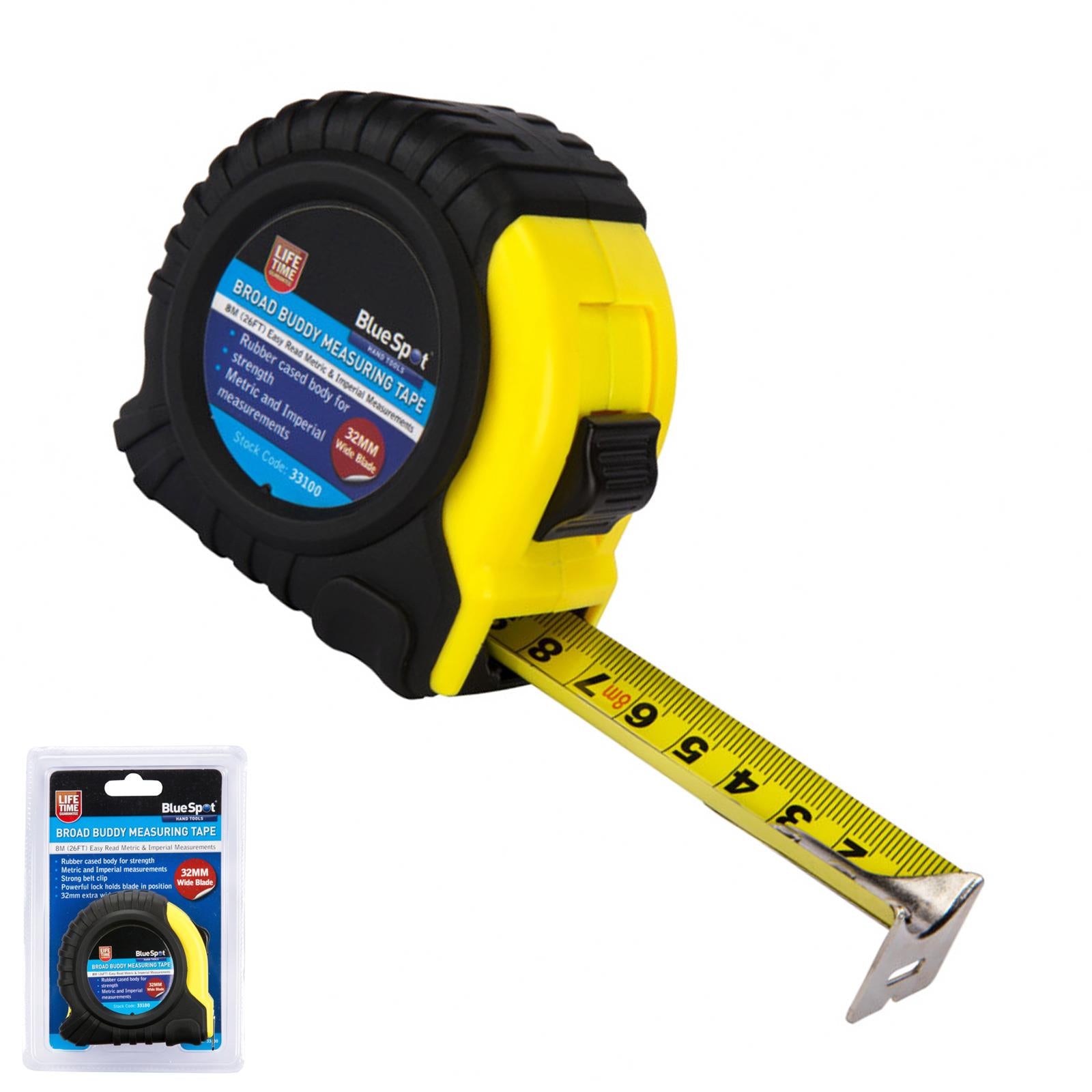 BlueSpot 8m 26Ft Extra Wide Blade Tape Measure Rubber Grip Metric & Imperial