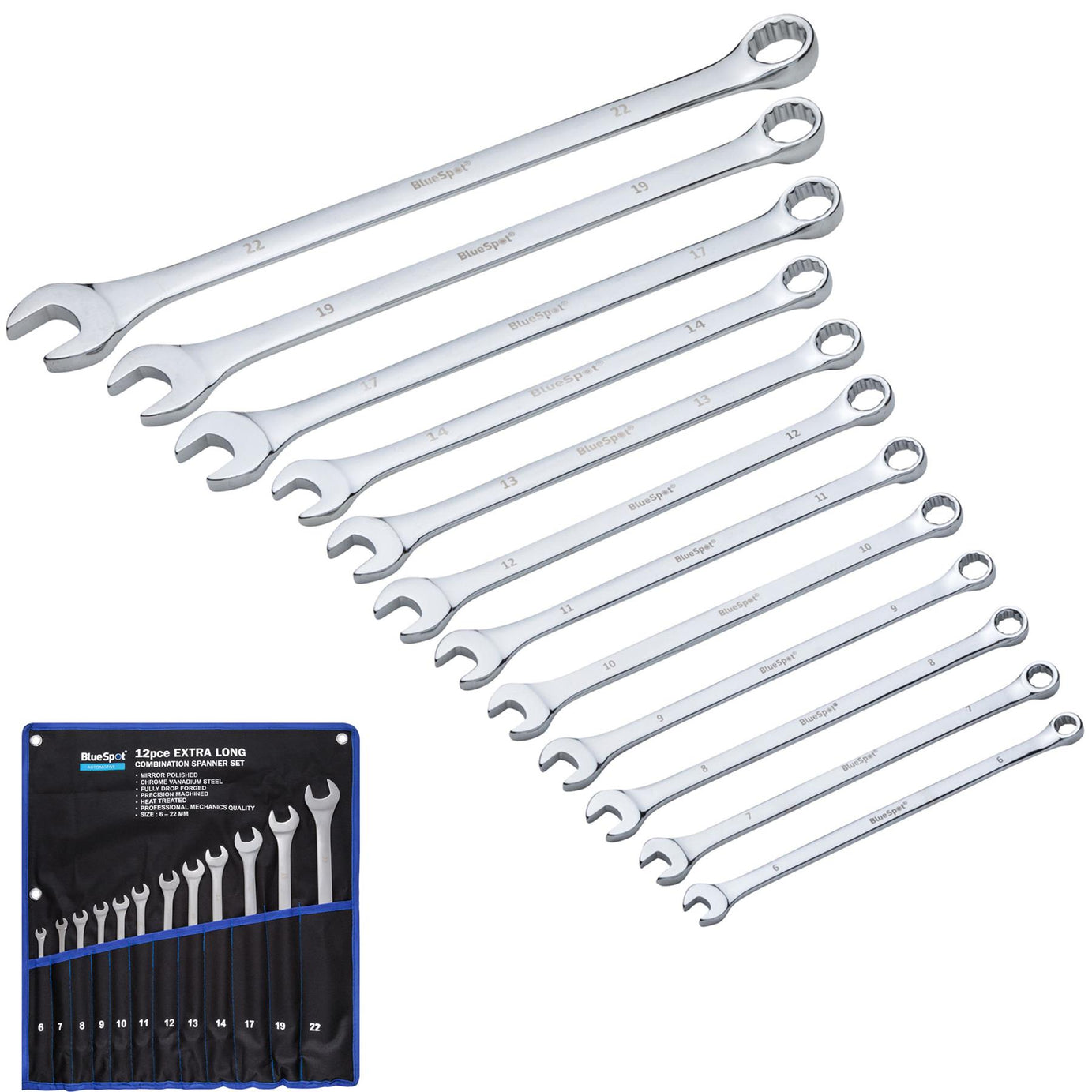 BlueSpot 12 Piece 6-22mm Extra Long Combination Spanner Set Metric Chrome Vanadium