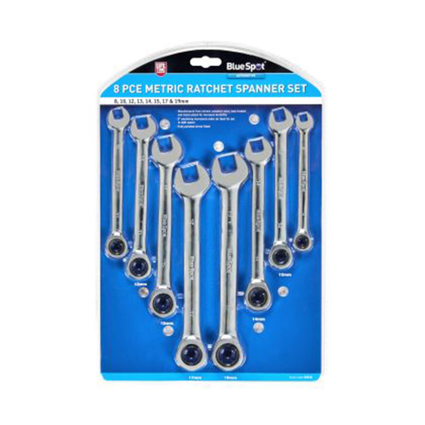 BlueSpot 8Pce Ratchet Spanner Set Metric Combination Ratcheting Spanners sizes 8-19mm