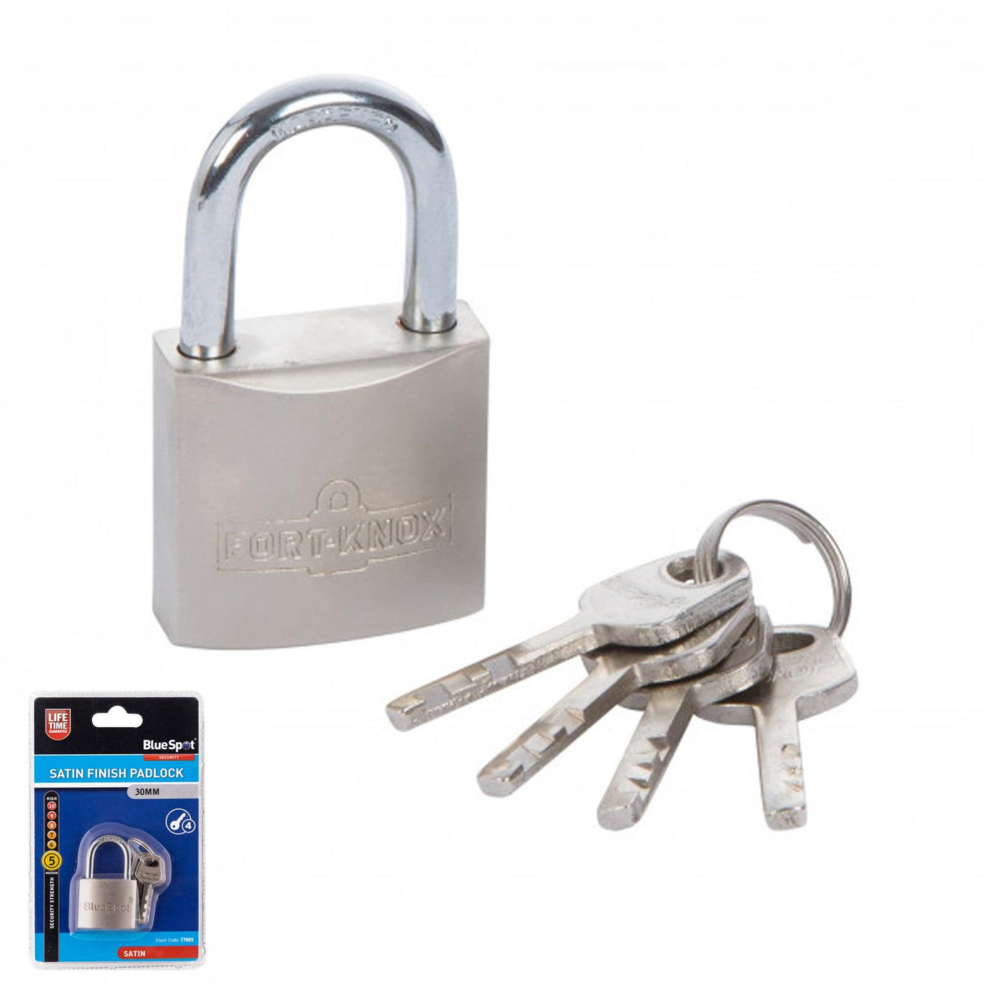 BlueSpot 30mm SATIN FINISH PADLOCK hardened Shackle Brass Cylinder 4 Keys
