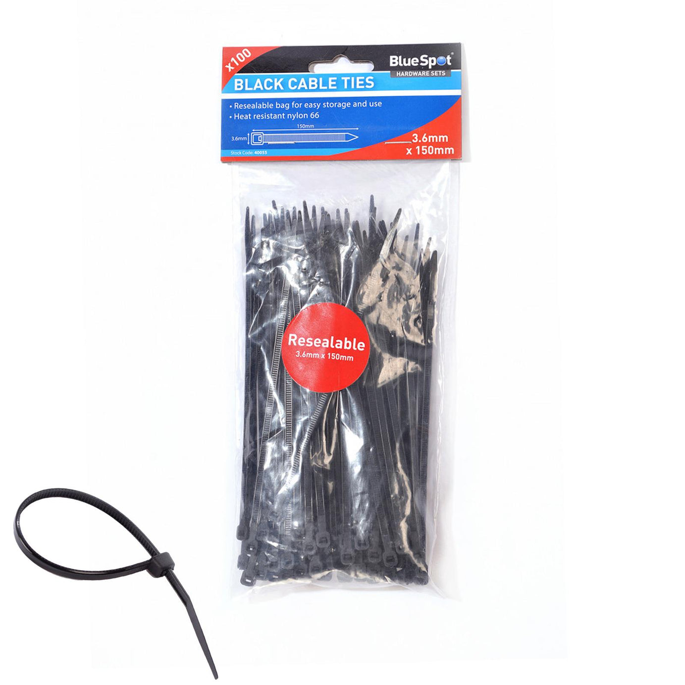 BlueSpot Cable Ties Black Cable Ties Zip Packaging Ties 100Pce 3.6mm x 150mm