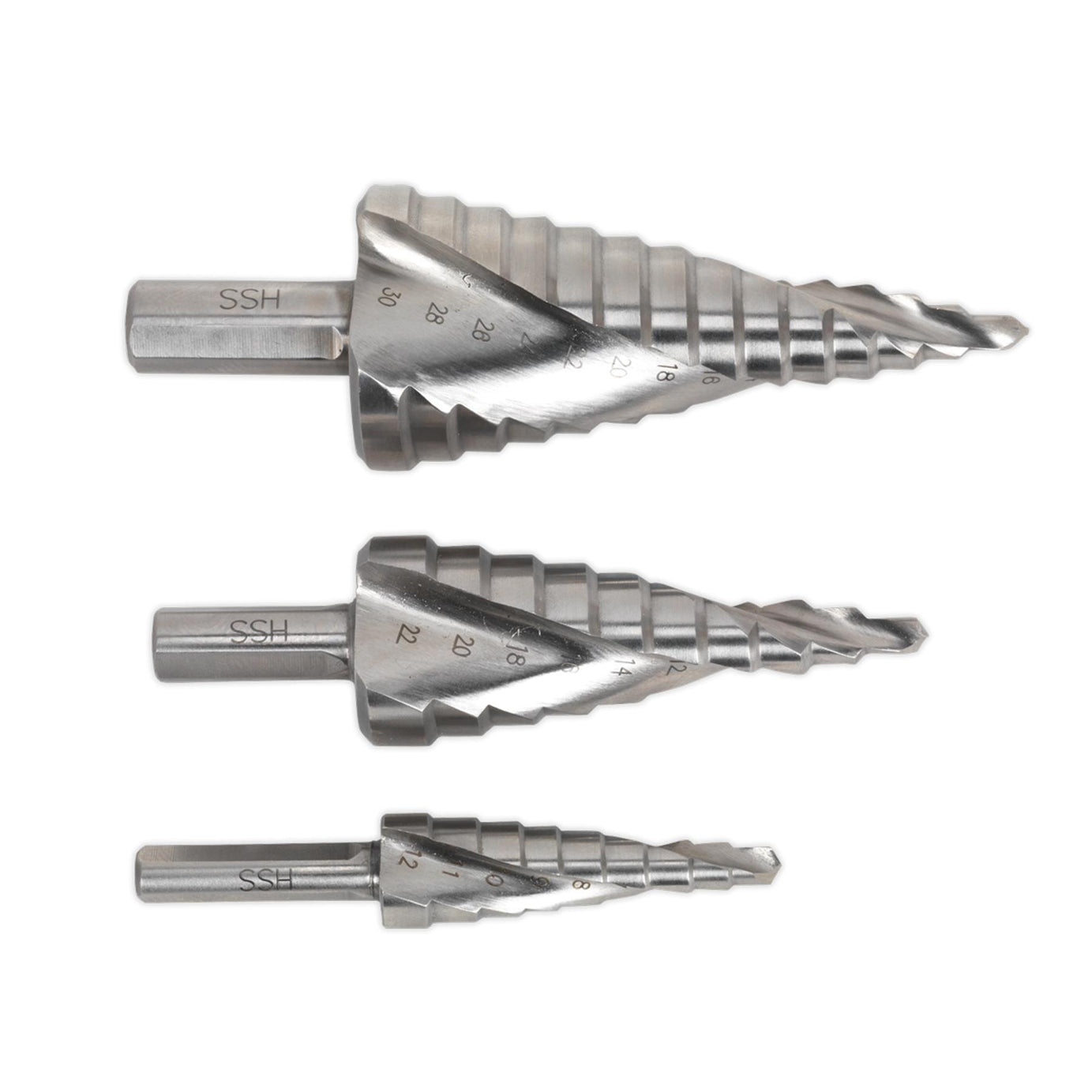 Sealey 3pc Spiral Step Drill Bit Set HSS 4341 Double Hole Cutter 4-30mm AK4748
