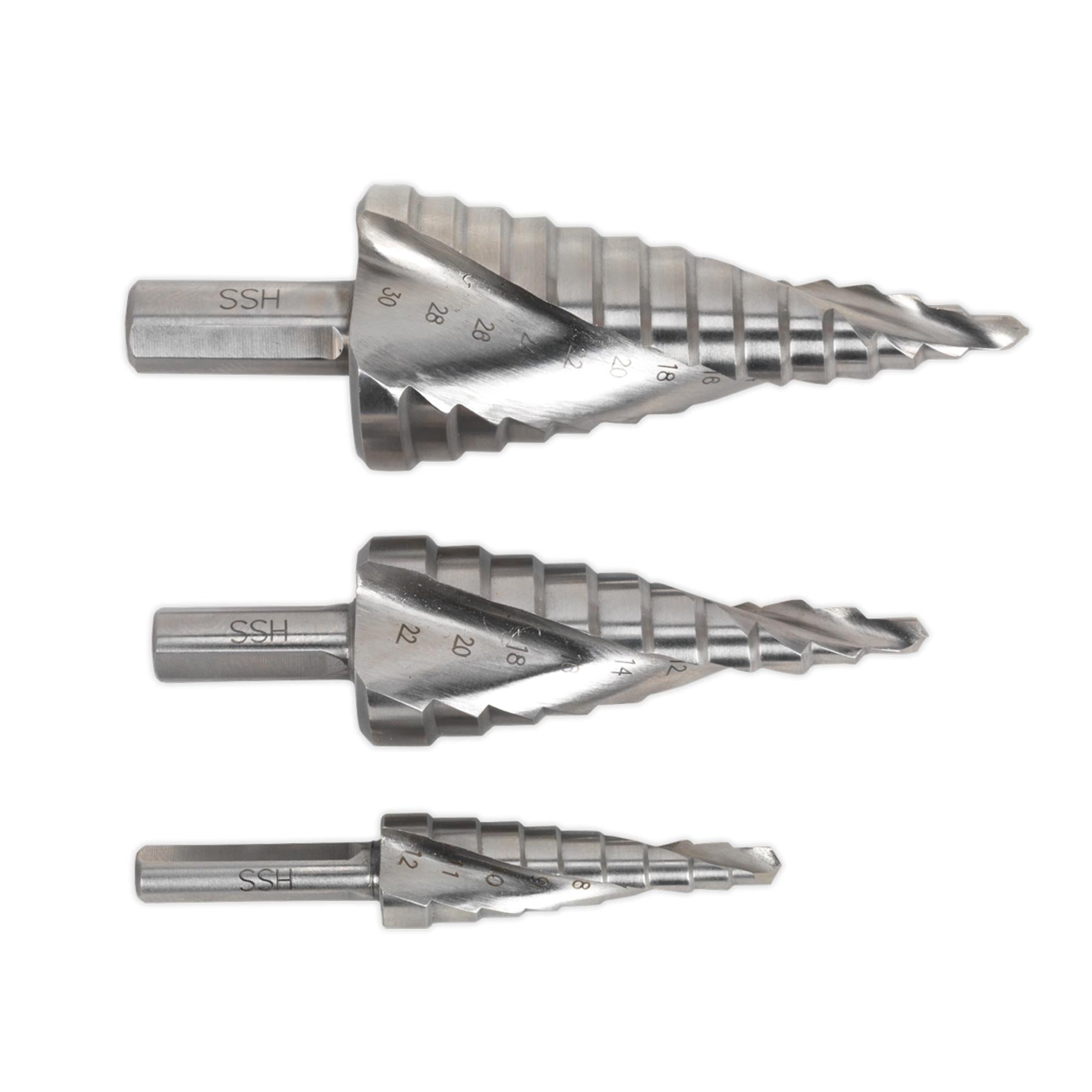 Sealey 3pc Spiral Step Drill Bit Set HSS 4341 Double Hole Cutter 4-30mm AK4748