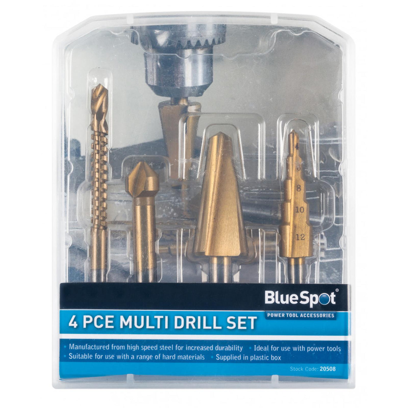 BlueSpot 4Pc Multi Drill Set Countersink Step Taper Saw Bits Wood Steel Metal New