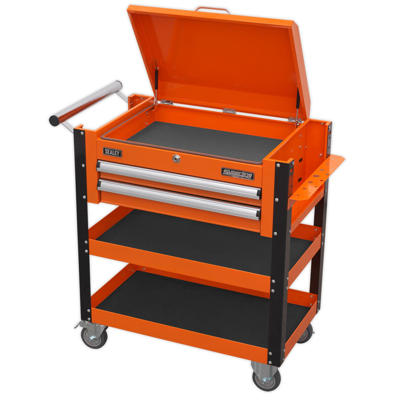 Sealey HD Mobile Tool & Parts Trolley 2 Drawer & Locking Top Orange