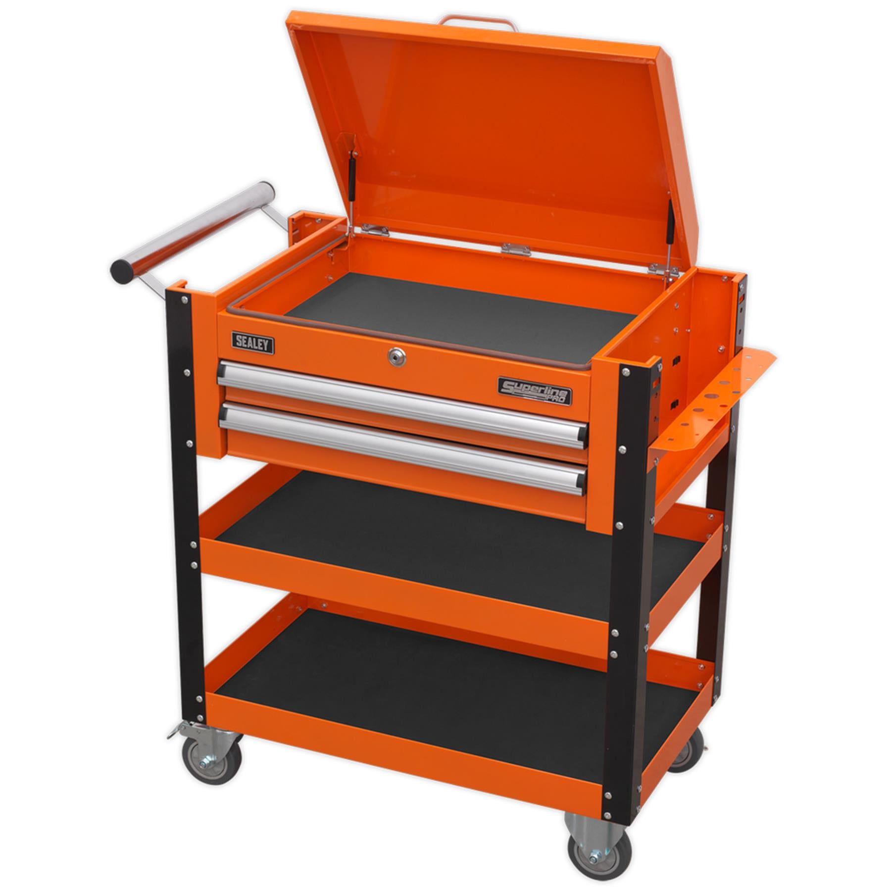 Sealey HD Mobile Tool & Parts Trolley 2 Drawer & Locking Top Orange