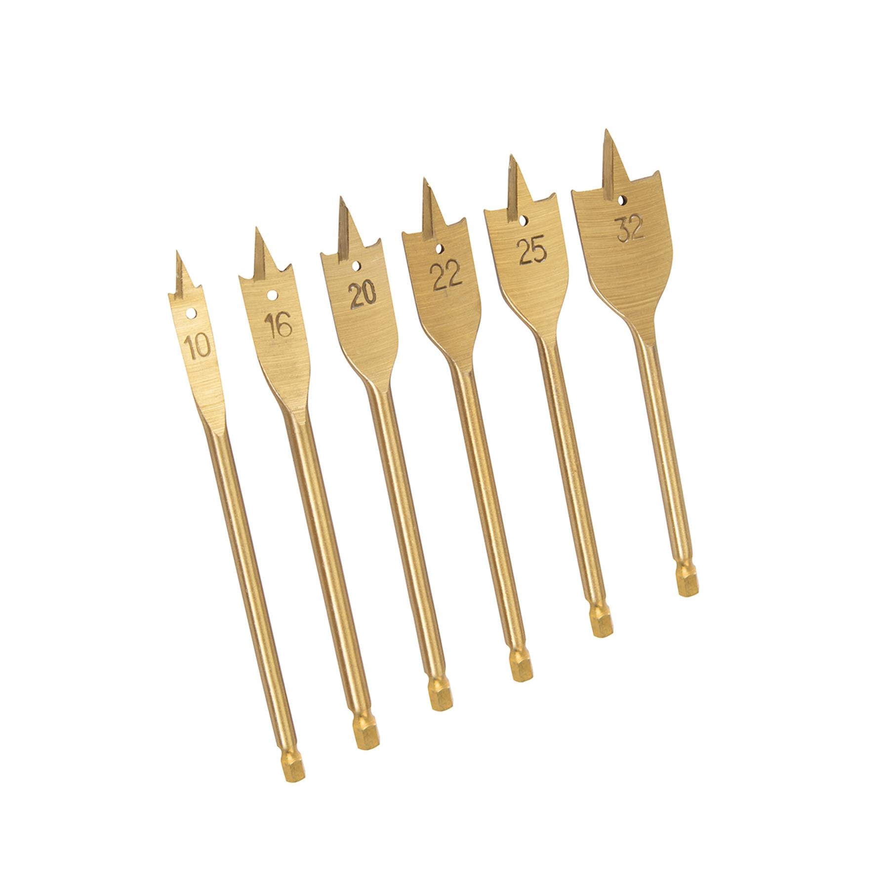 6Pce Titanium-Coated Flat Bit Set 10 - 32mm Precision Ground Point And Shoulders