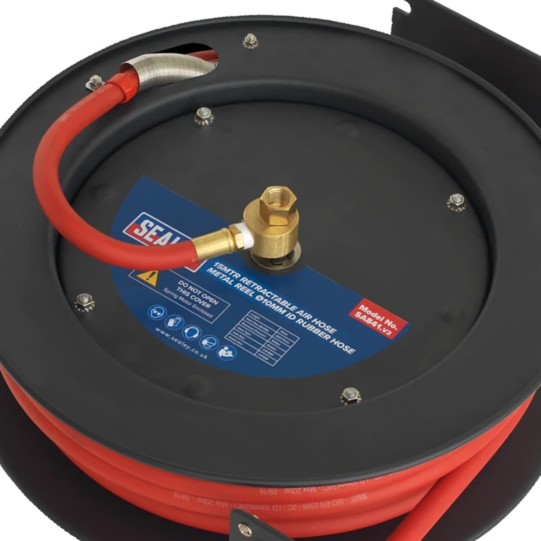 Sealey Retractable Air Hose Metal Reel 15m 10mm ID Rubber Hose
