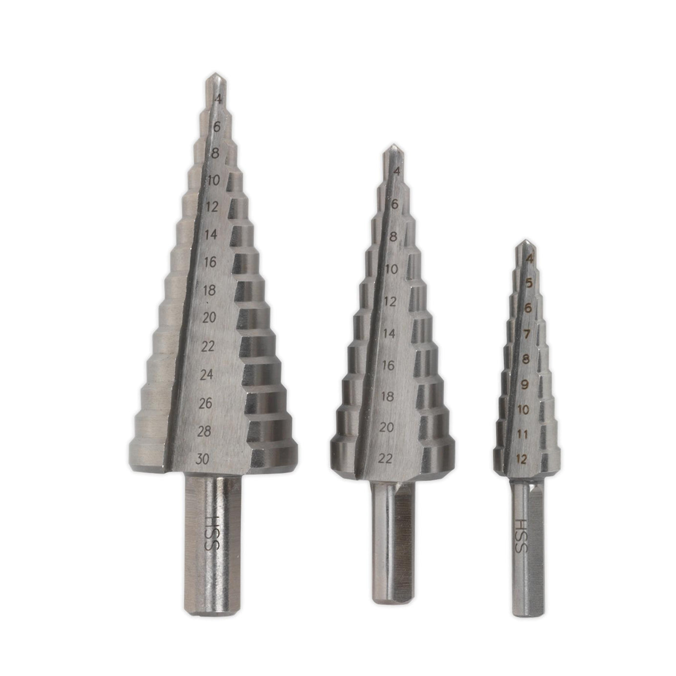 Sealey 3pc Step Drill Bit Set HSS 4341 Double Straight Flute 4-30mm AK4746