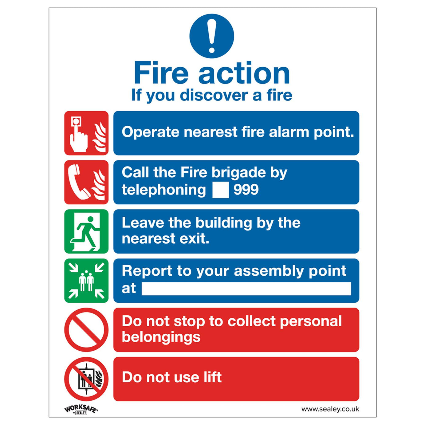 Sealey Safety Sign - Fire Action With Lift - Rigid Plastic-Pk of 10