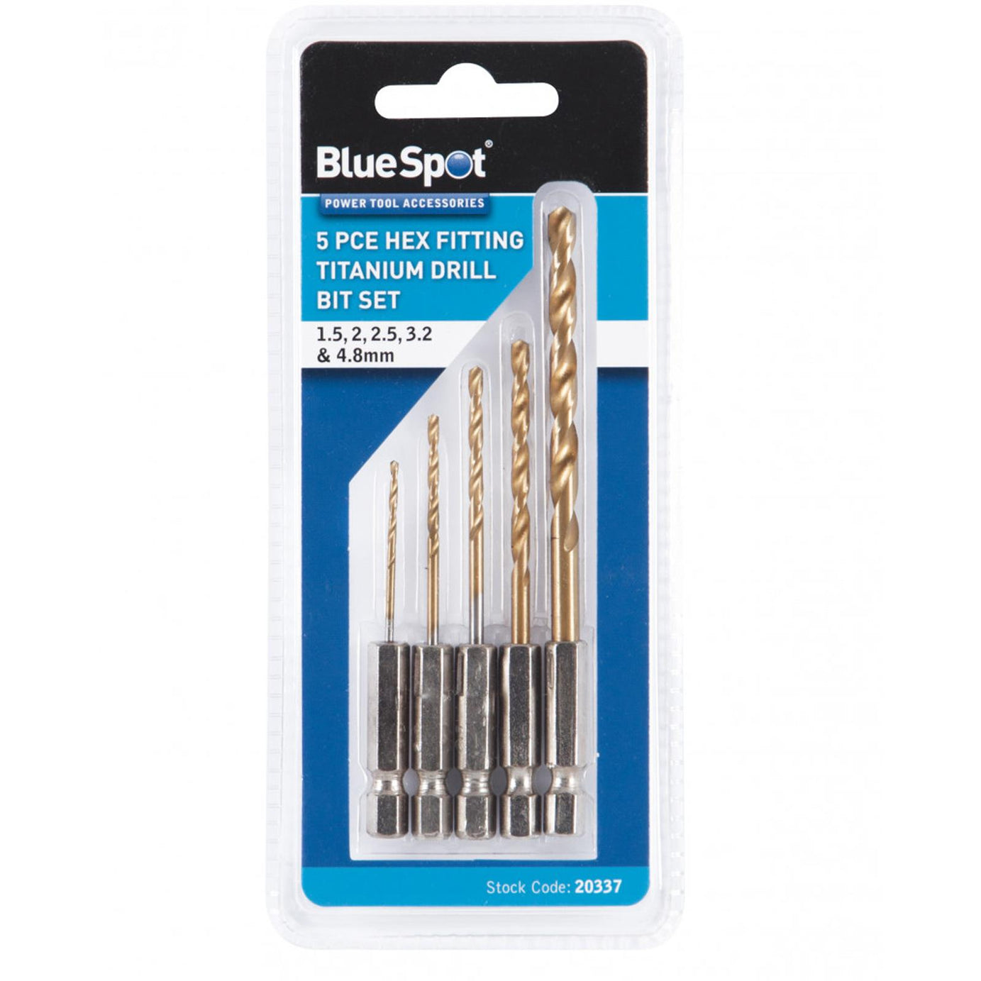 BlueSpot 5pc 1/4" Hex Fitting Titanium Drill Bit Set 1.5-4.8mm For Metal Wood Fits Impact