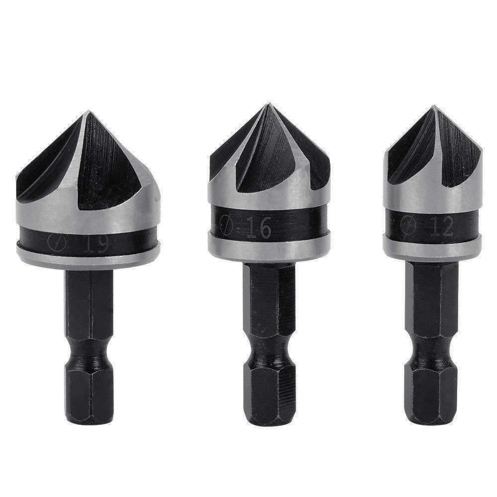 3PCS COUNTERSINK DRILL BIT SET DEBURRING METAL WOOD PLASTIC 12/16/19mm Hex Shank