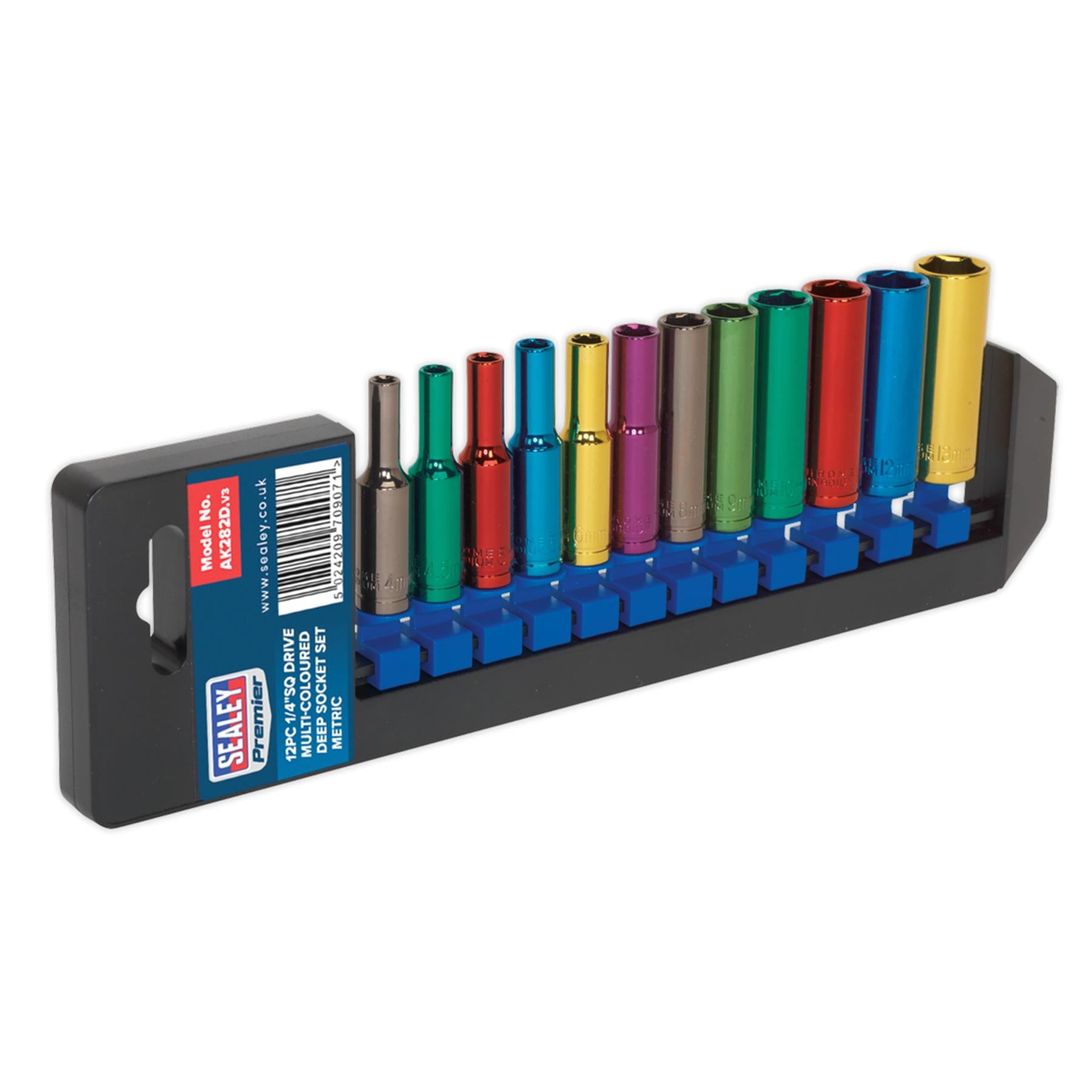 Sealey Multi-Colour Socket Set 12pc 1/4 Sq Dr 6pt Deep WallDrive MM
