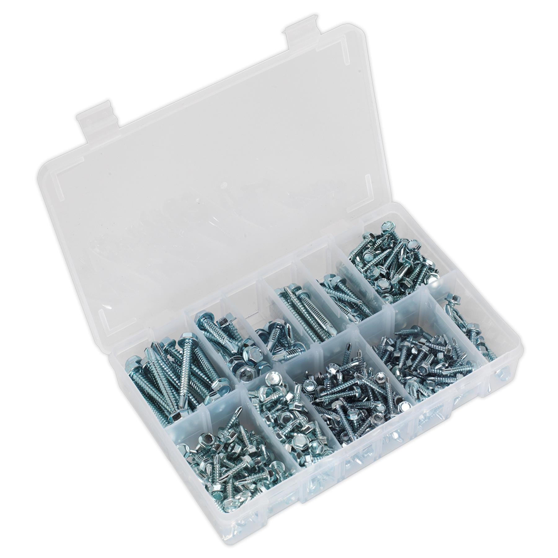 Sealey Self Drilling Screw Assortment 410pc Hex Head ZincSealey 410pcs Zinc Plated Steel Self Drilling Screw Assortment Set Hex Head