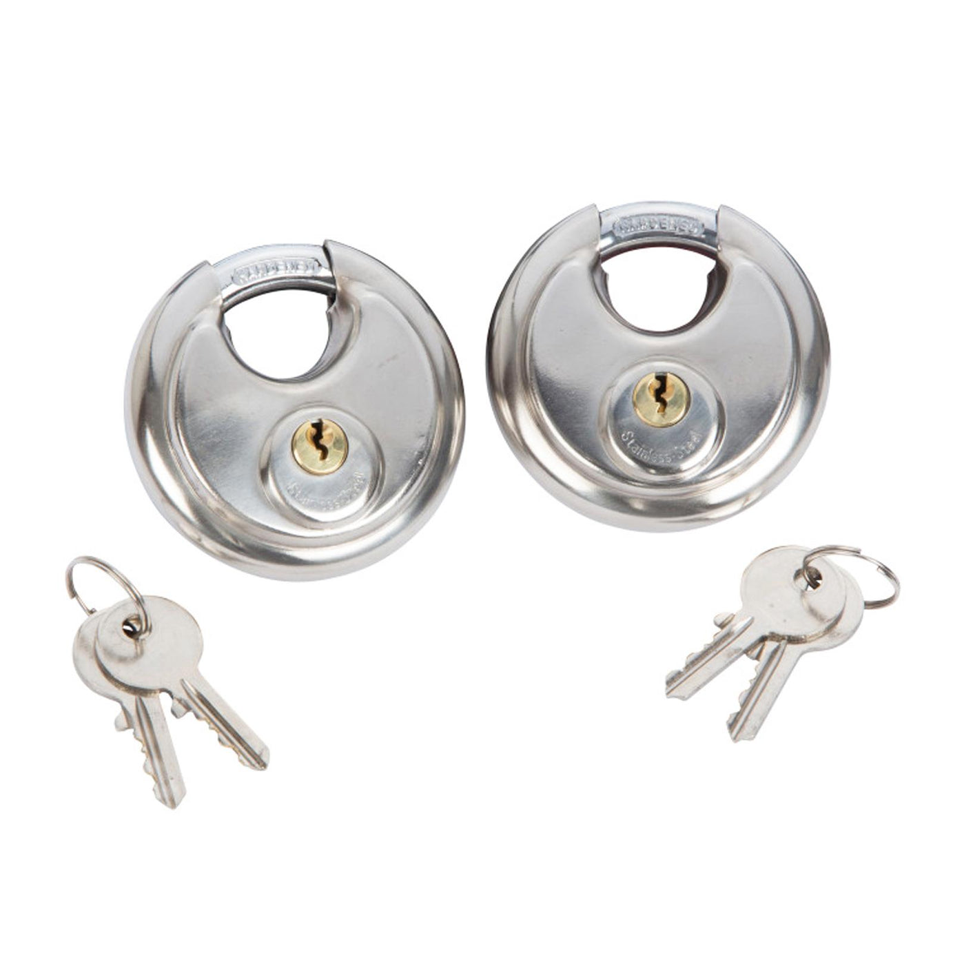 2 PACK Keyed Alike 70mm Stainless DISCUS PADLOCKS + 4 KEYS Strength