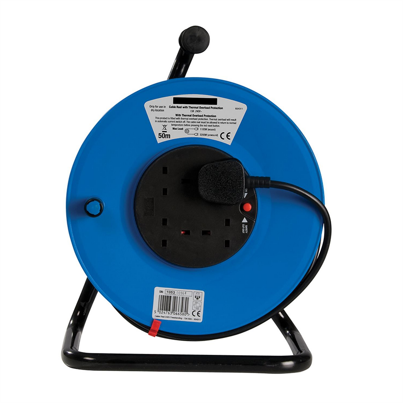 50M Mains Extension Cable Reel 240V Freestanding 13A 4 Socket Overload Protect