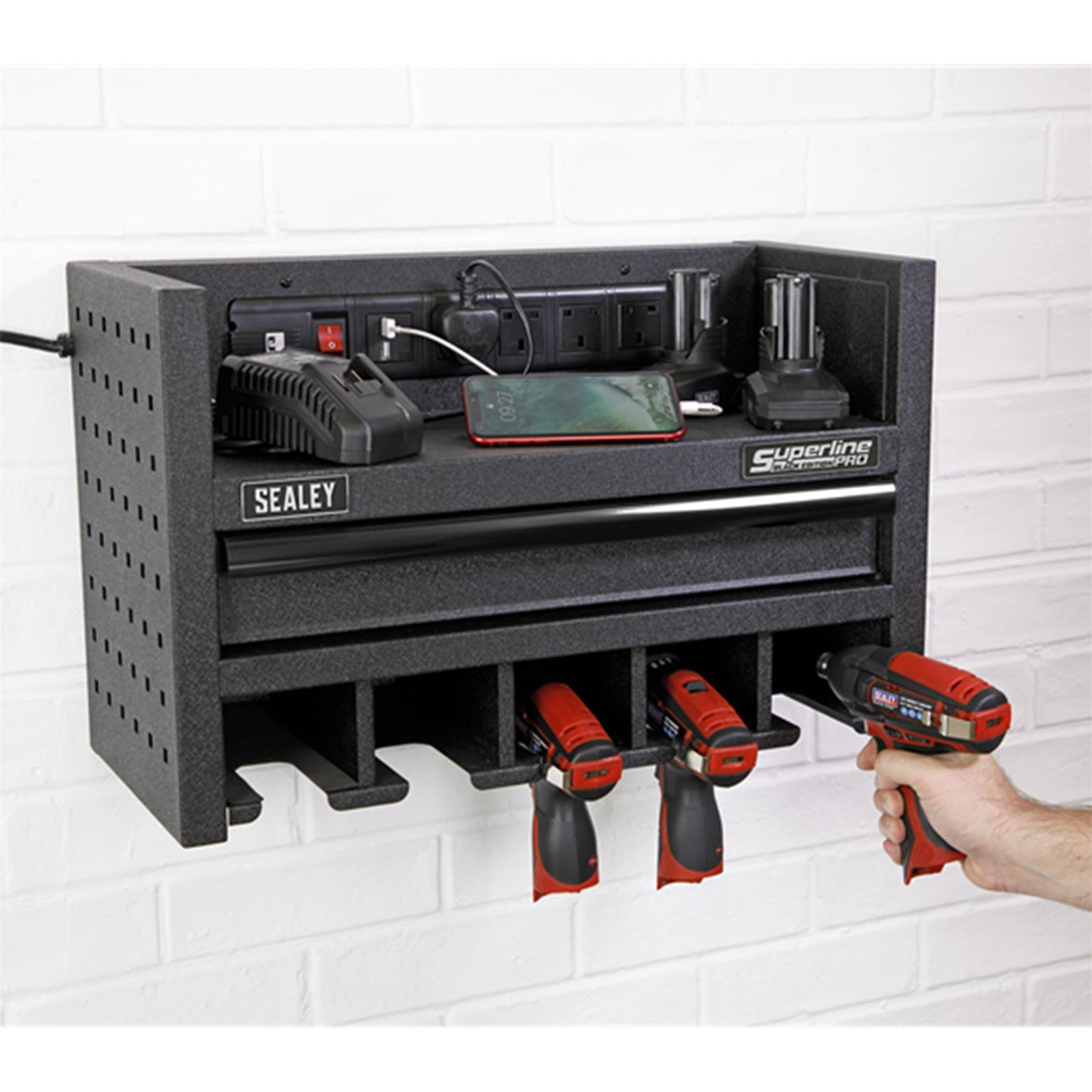 Sealey Power Tool Storage Rack 560mm with Drawer & Power Strip