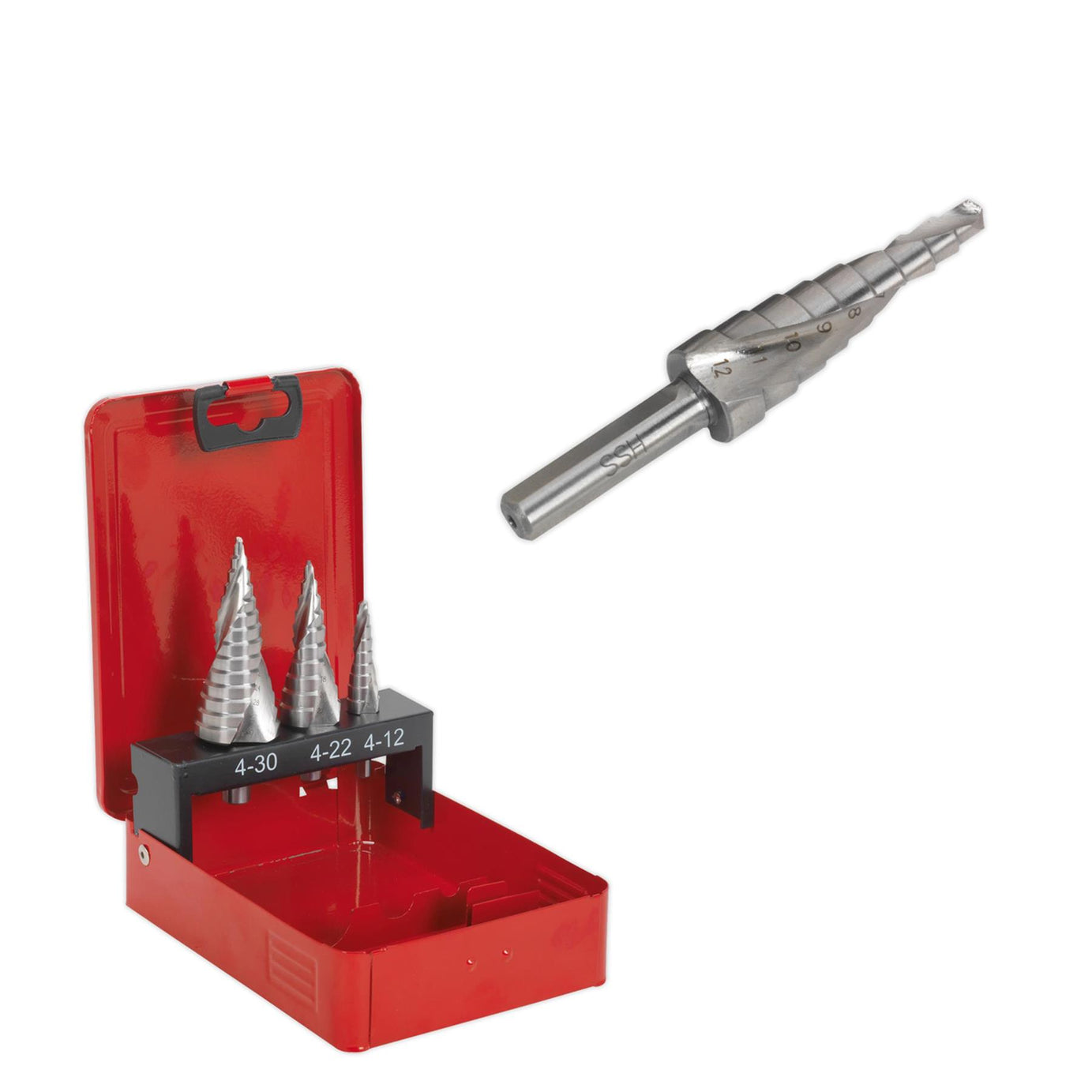 Sealey 3pc Spiral Step Drill Bit Set HSS M2 Spiral Flute Ø4-30mm Hole Cutter