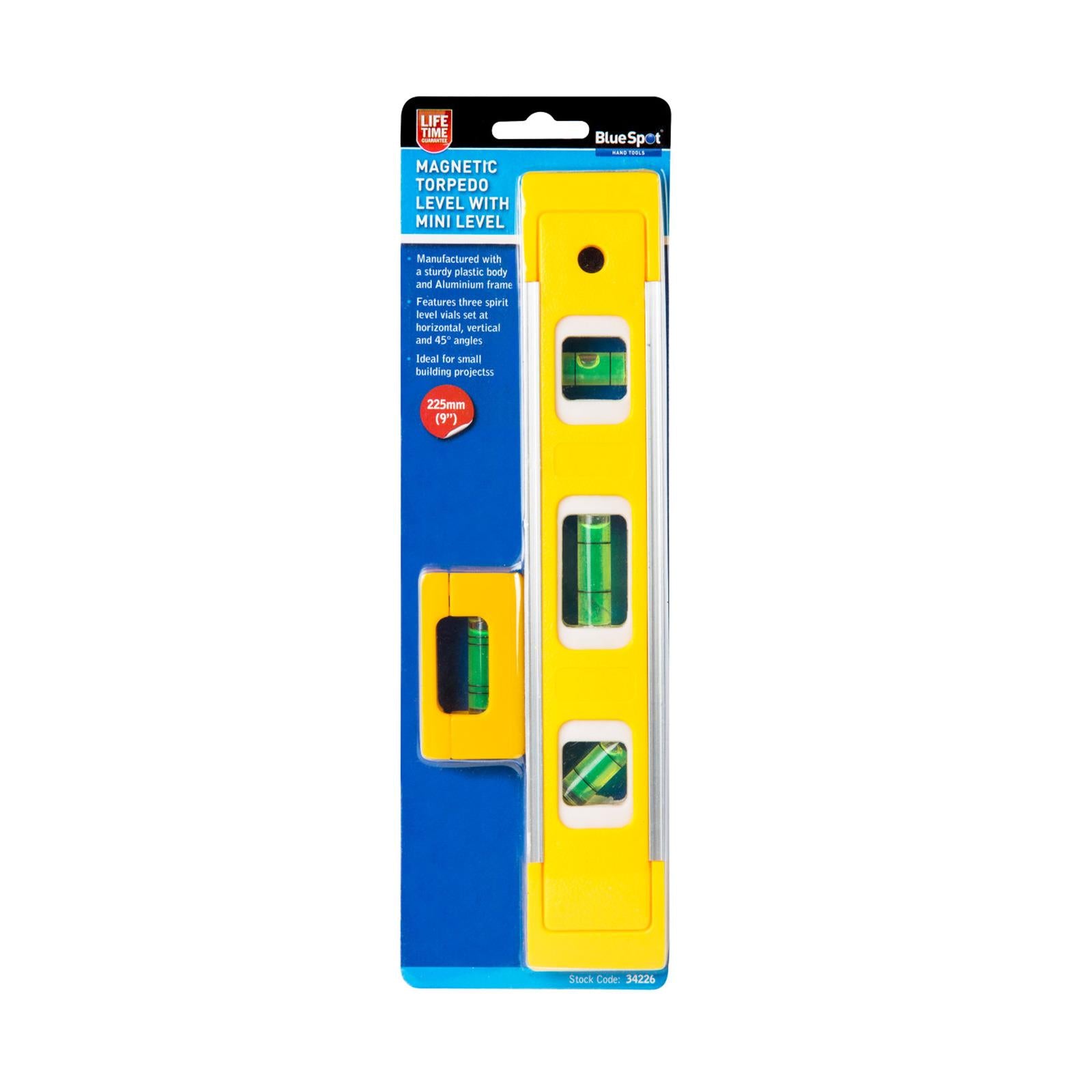 BlueSpot 225mm Magnetic Torpedo Level With Mini Level 3 Spirit Level