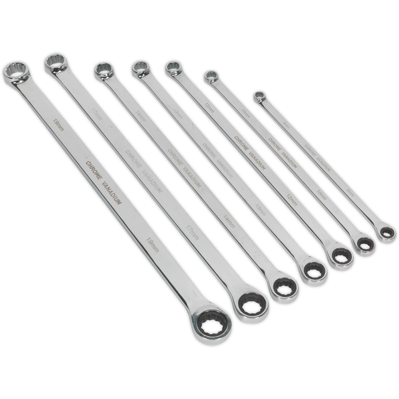 Sealey Double Ring Ratchet/Fixed Spanner Set 7pc Extra-Long Metric