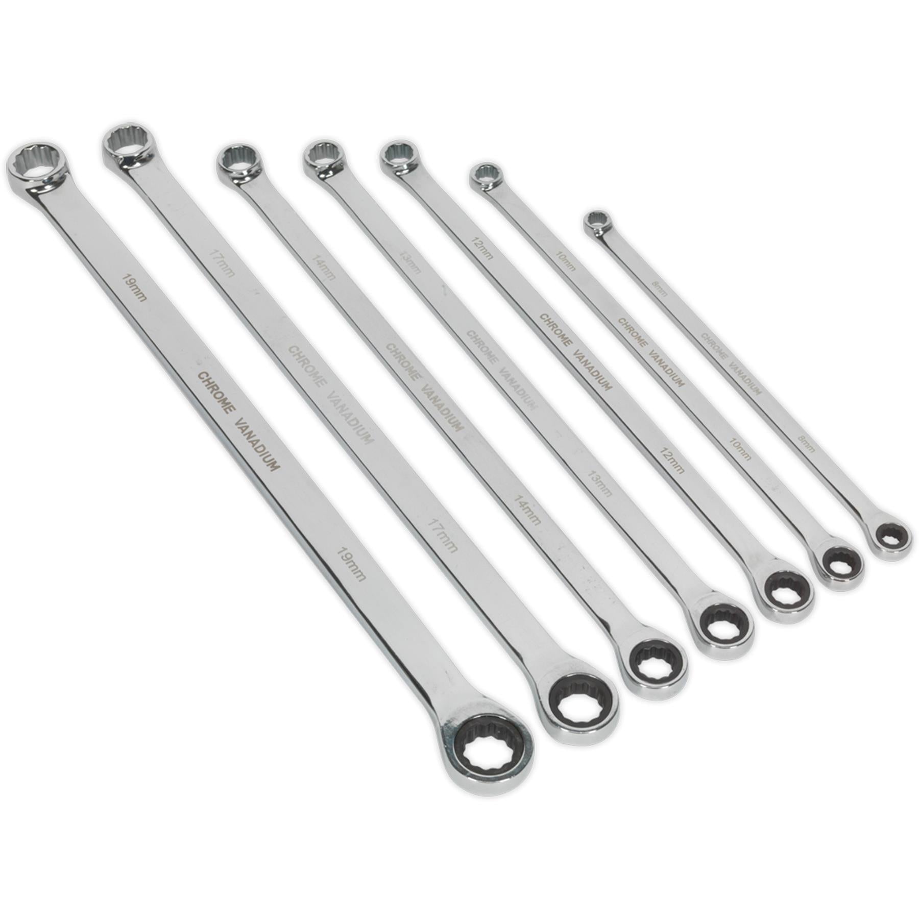 Sealey Double Ring Ratchet/Fixed Spanner Set 7pc Extra-Long Metric