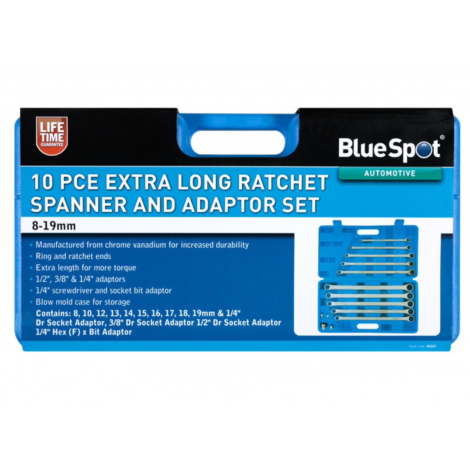 BlueSpot 10Pcs Extra Long Ratchet Spanner and Adaptor Set Double End Ring