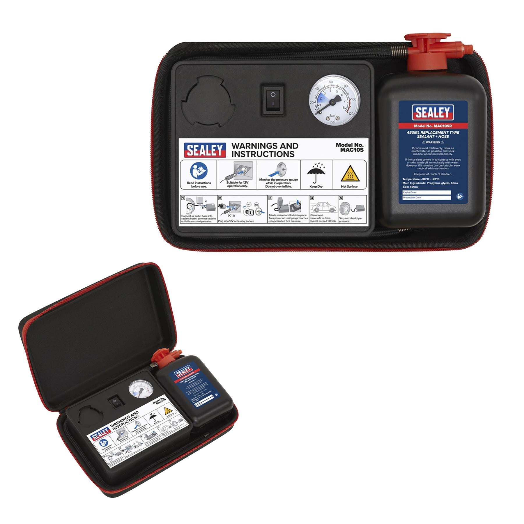 Sealey MAC10S 12V Tyre Inflator + Emergency Puncture Sealant Kit