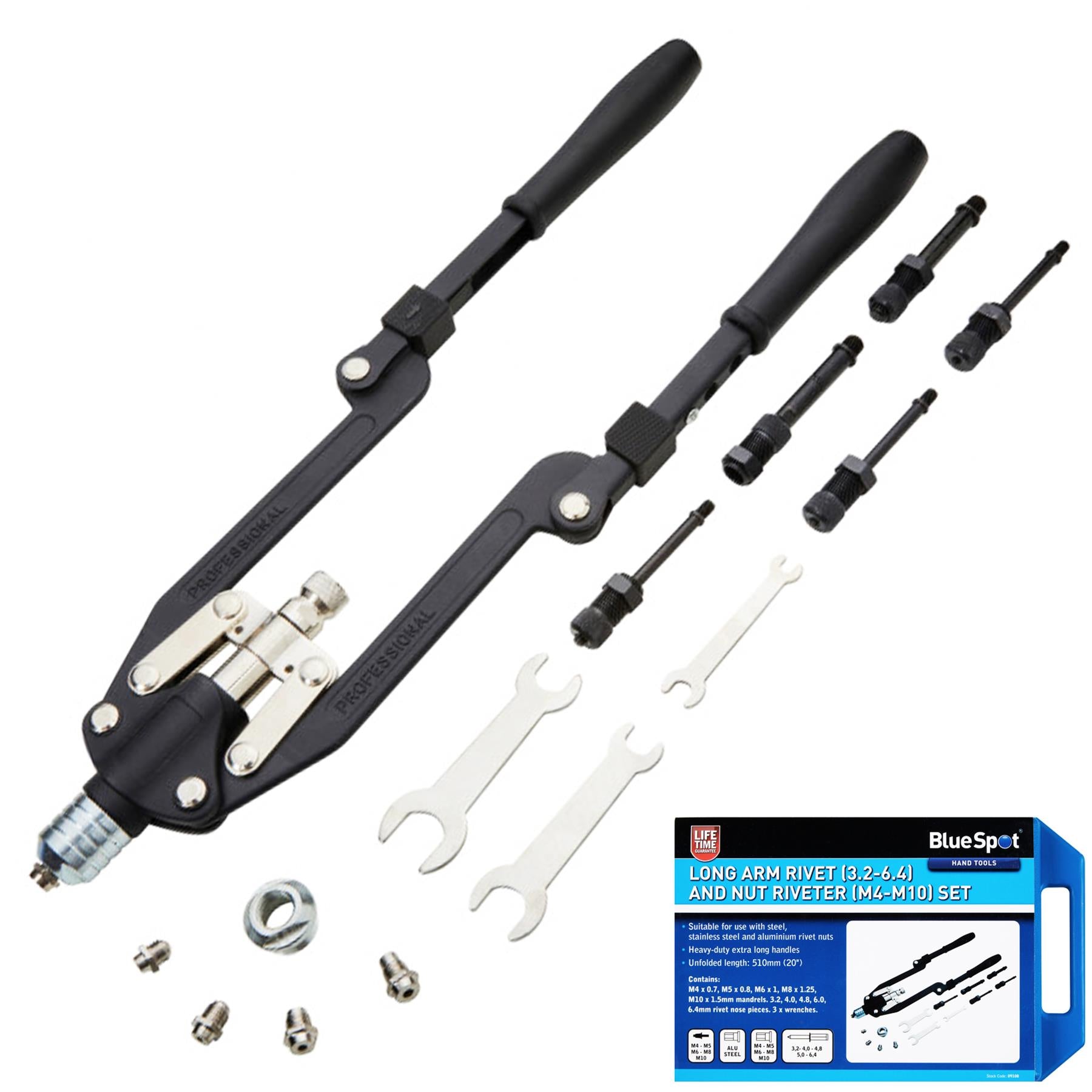 BlueSpot Long Arm Rivet 3.2-6.4 And Nut Riveter M4-M10 Gun Tool Set