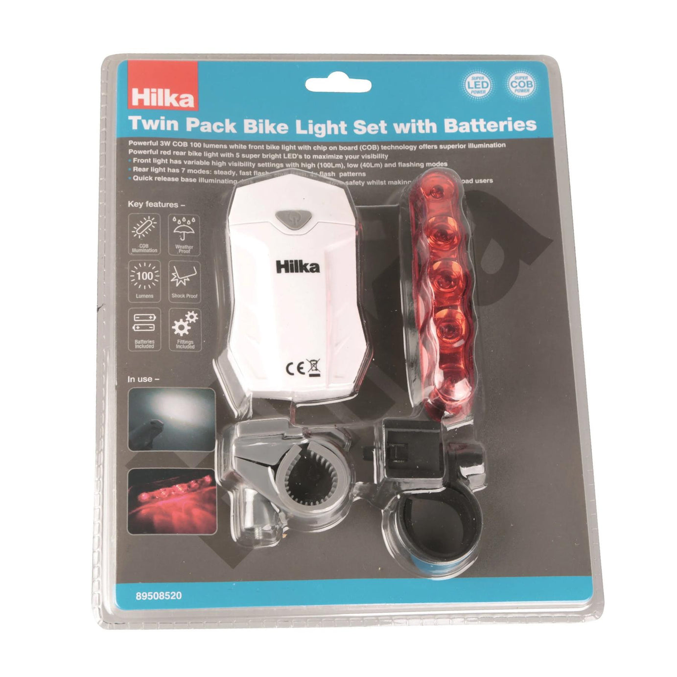 Hilka Twin Pack Bike Light Set Quick release base with Batteries