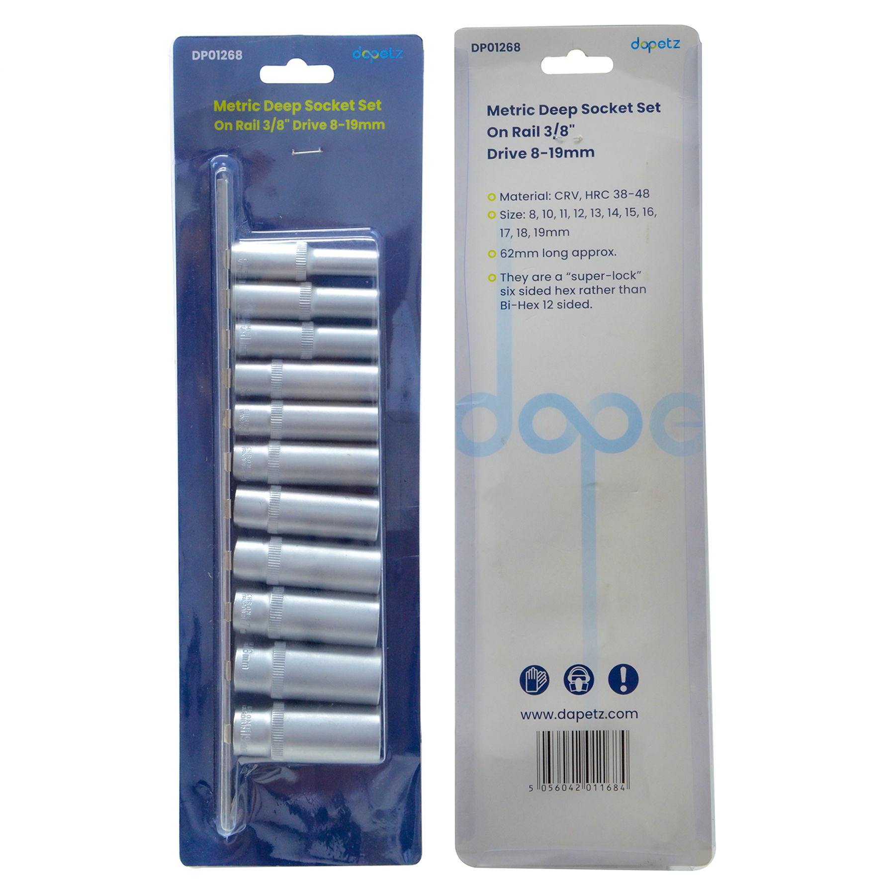 Heavy Duty Deep Socket Set with Long Reach Sockets on Rail - 3/8" Drive - Sizes 8-19mm
