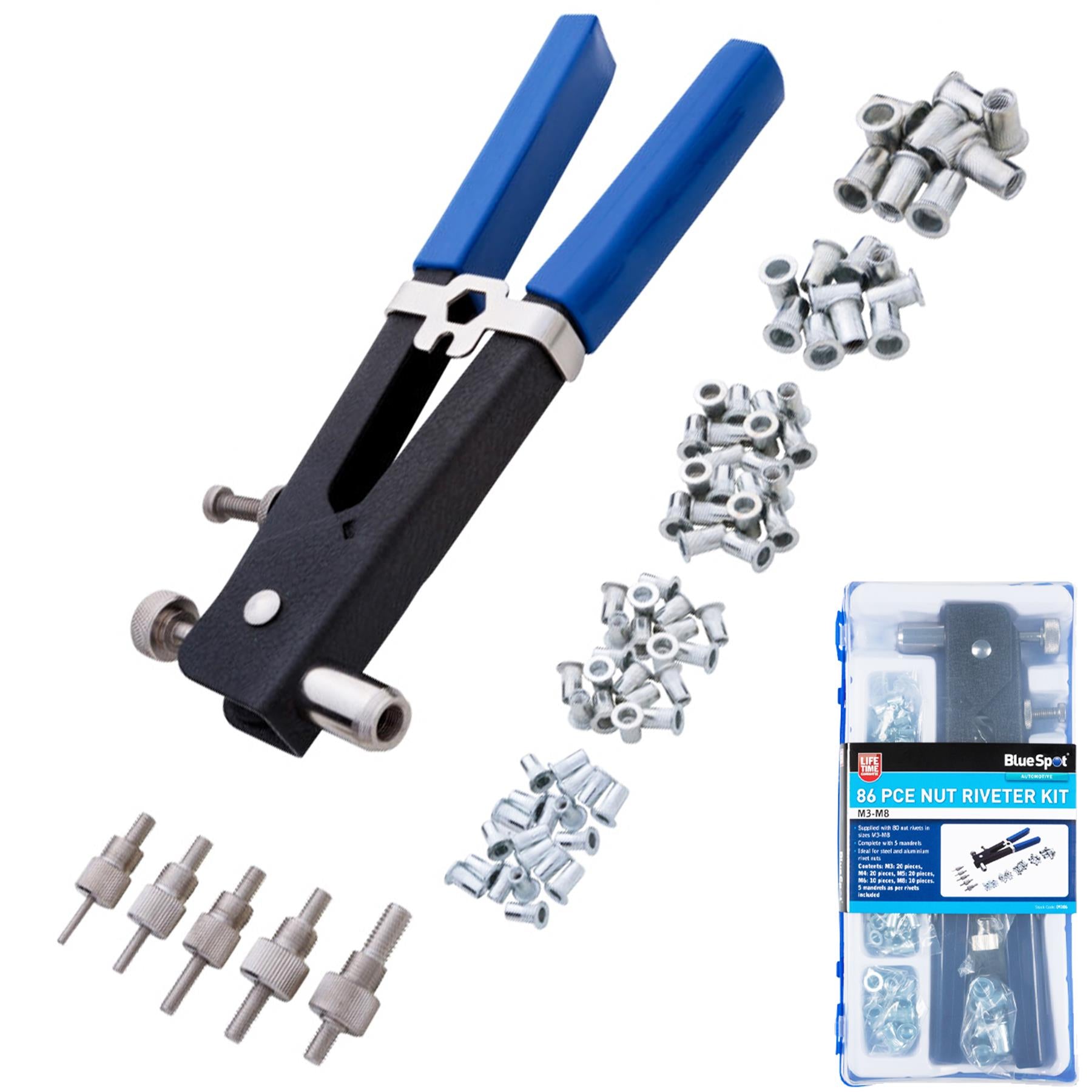 BlueSpot HD Threaded Nut Riveter Kit Rivet Gun Hand Riviter Tool M3-M8 Mandrels