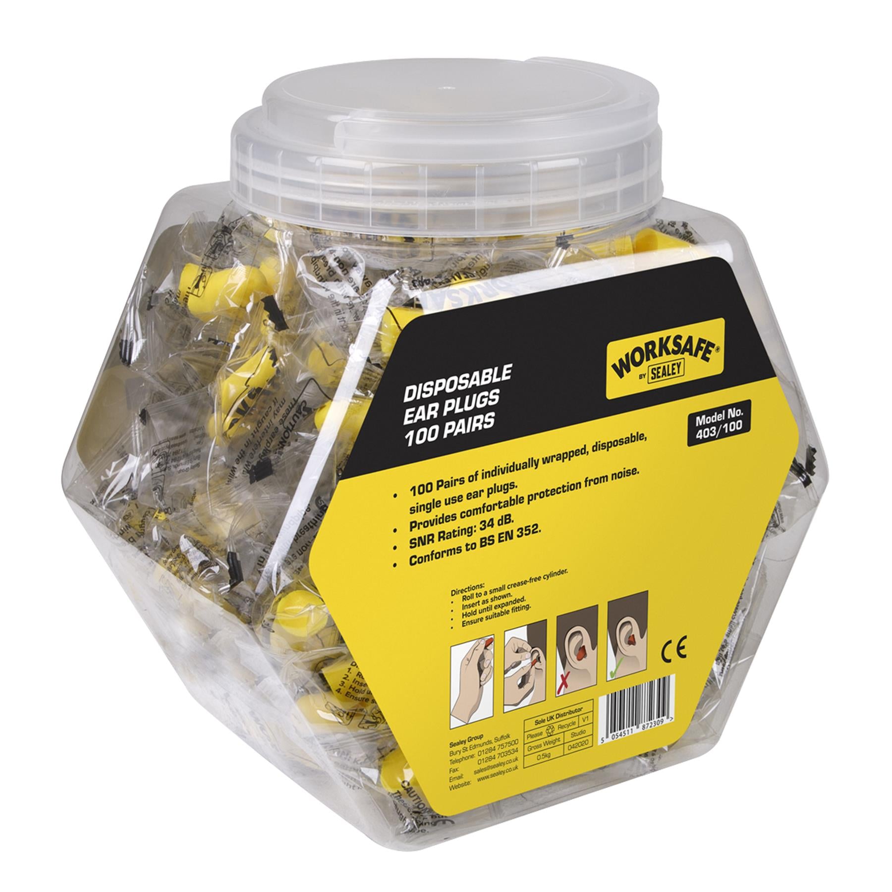 Sealey Disposable Noise Reduction Foam Disposable Ear Plugs Yellow - 100 Pairs