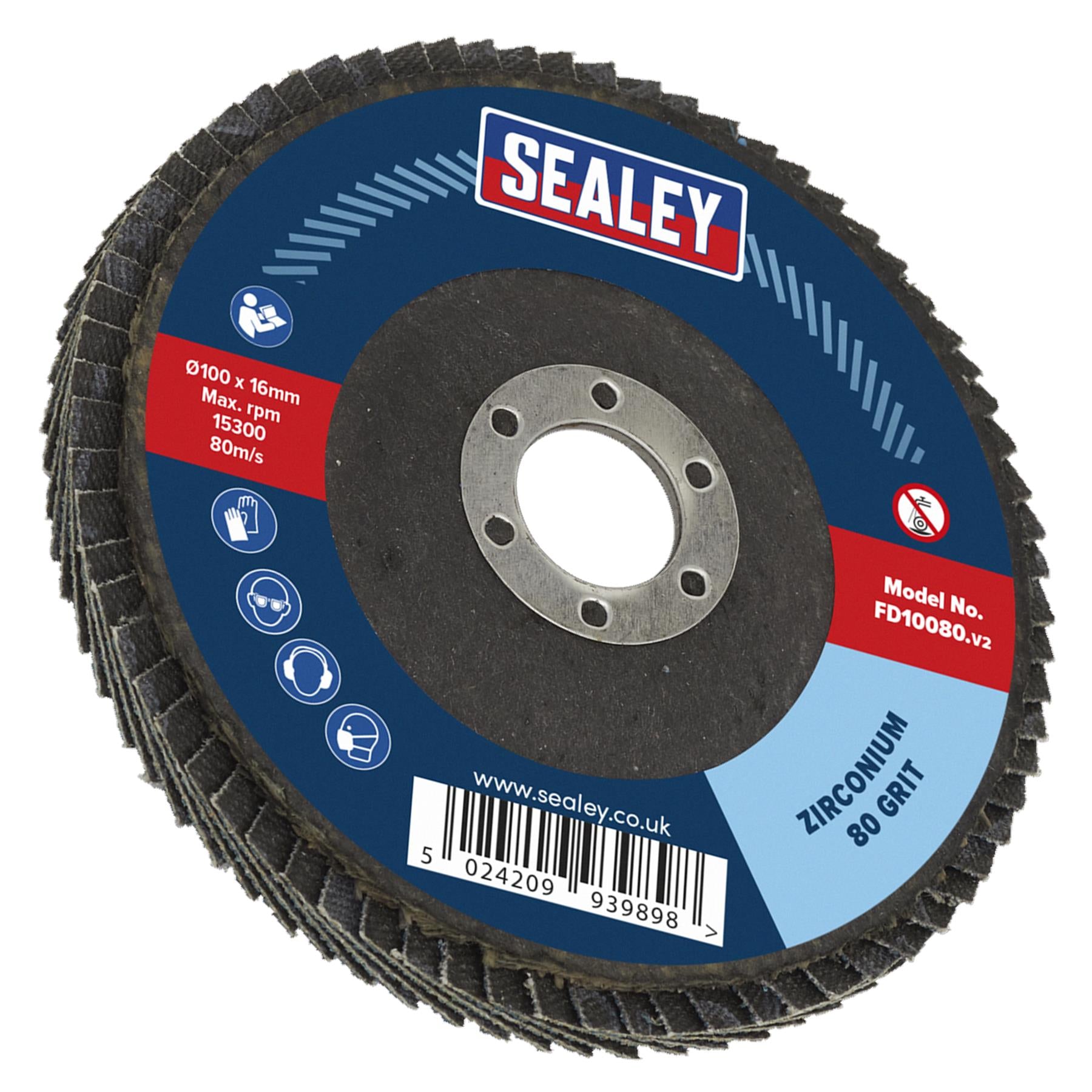 Sealey Flap Disc Zirconium 100mm 16mm Bore 80Grit