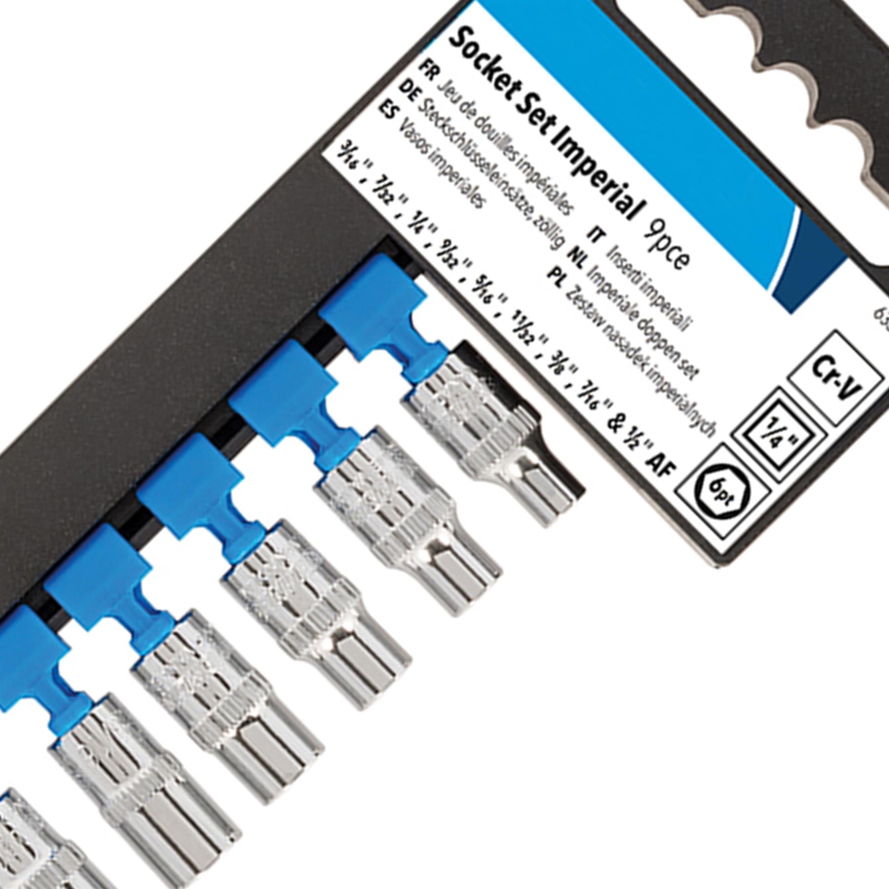 9Pce Socket Set 1/4" Drive Imperial - 3/16" - 1/2" Chrome Vanadium Square Drive