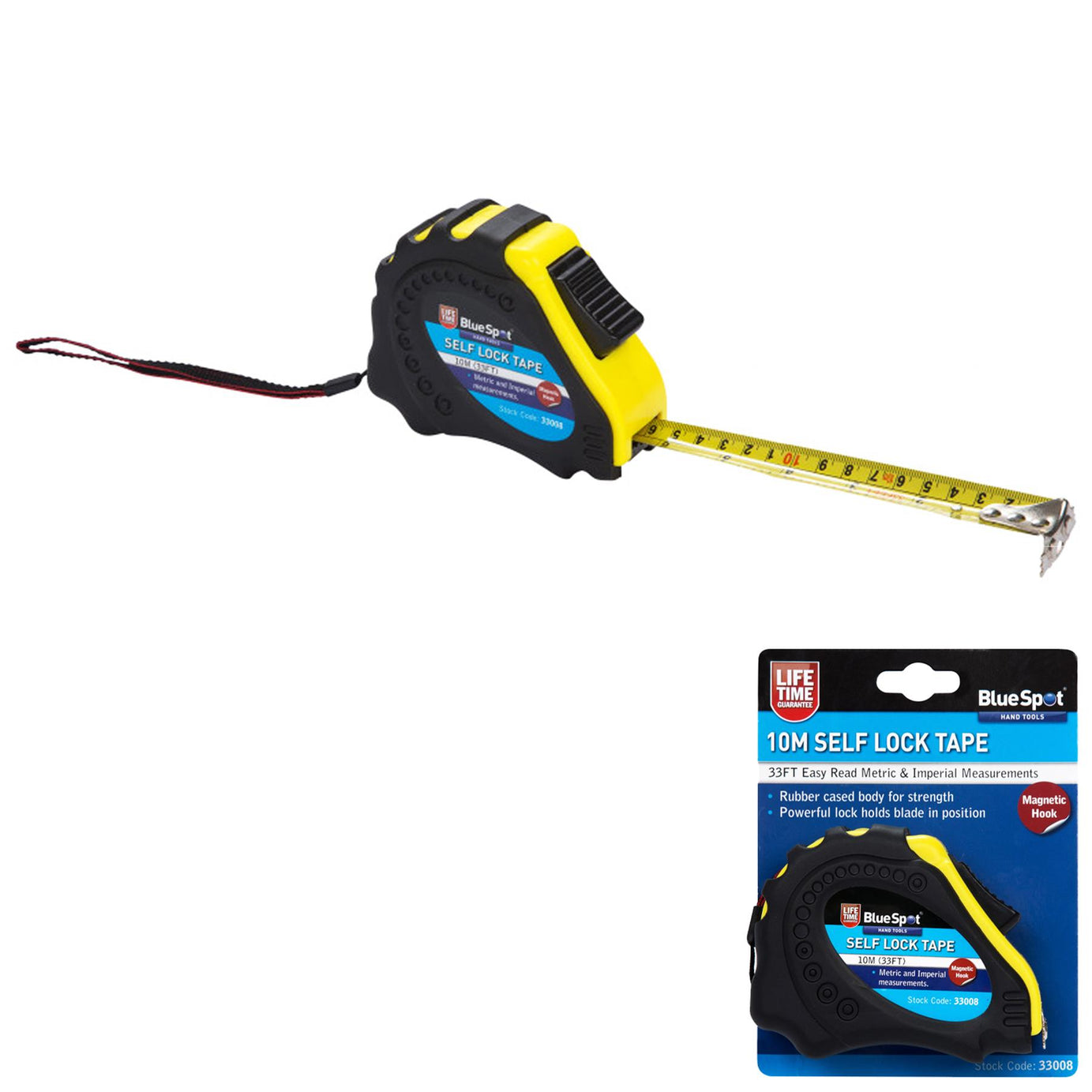 BlueSpot 10m Retractable Tape Measure Griplock Imperial Metric Measuring Metres