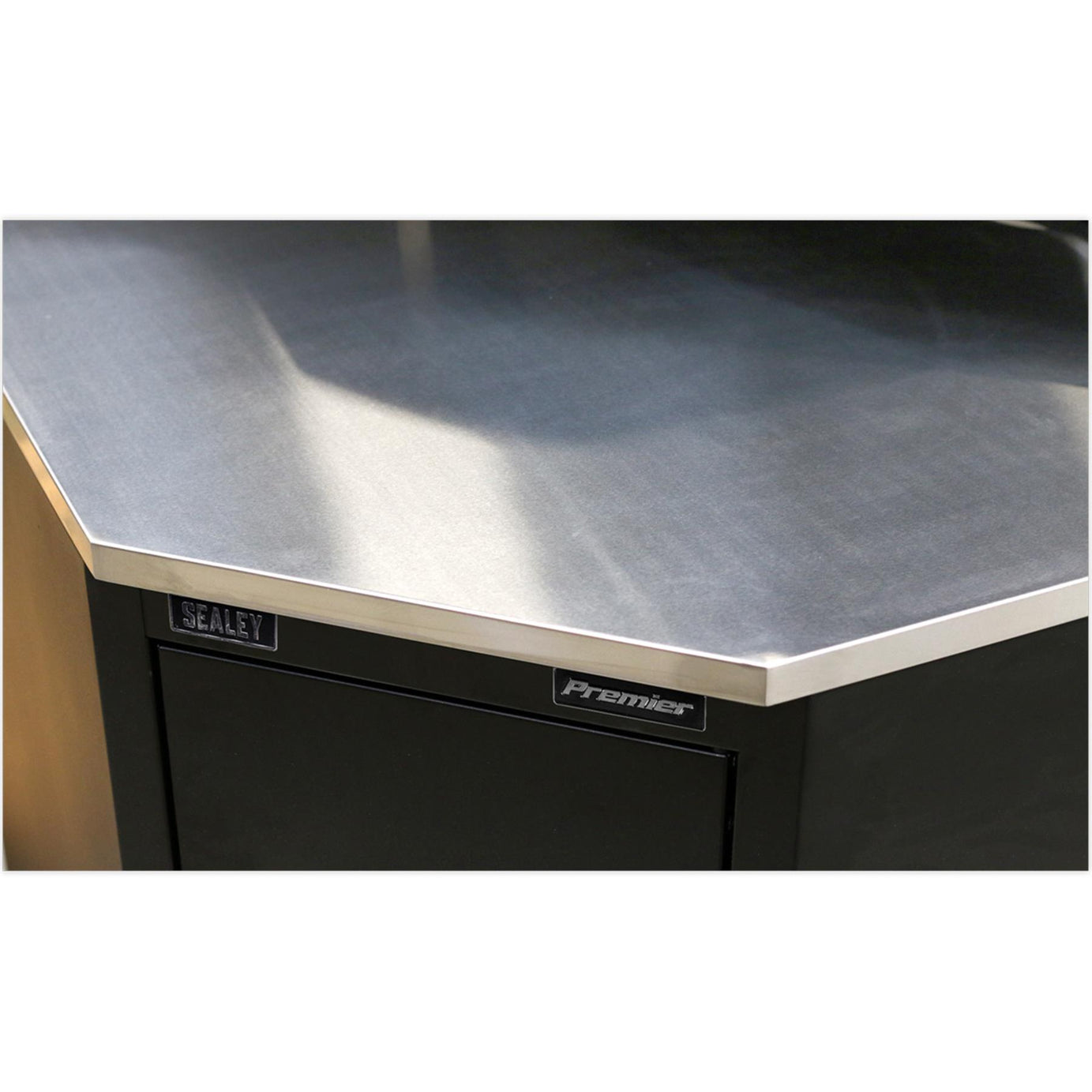 Sealey Stainless Steel Corner Worktop Floor Cabinet. 930mm