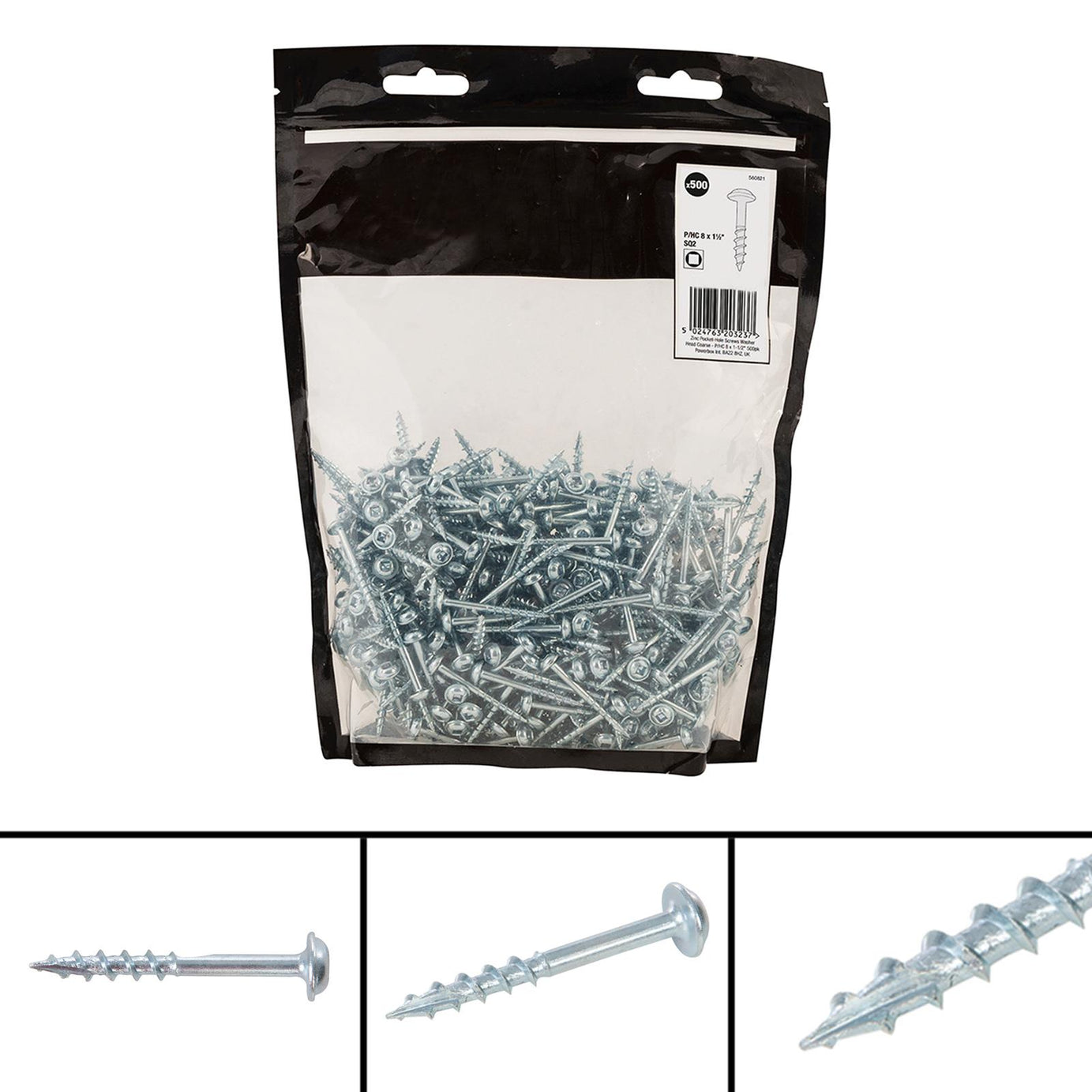 Zinc Pocket-Hole Screws Washer Head Coarse Thread Rust Resistant- 8x1-1/2" 500pk