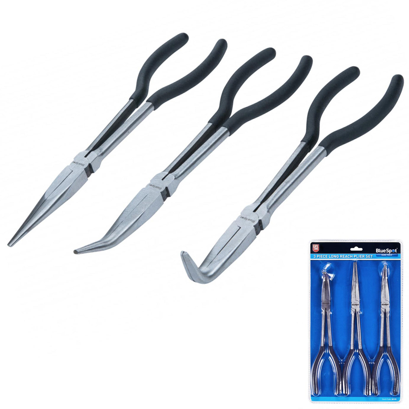 BlueSpot 3Pce Long Reach Plier Set Polished Head Soft-Grip Handles